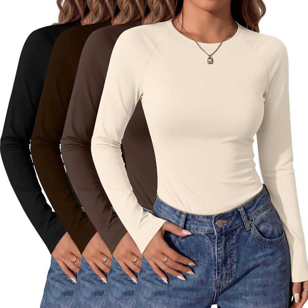 4 Pack Women's Long Sleeve Shirt Slim Fit Crew Neck Tops Casual Basic Stretch Co